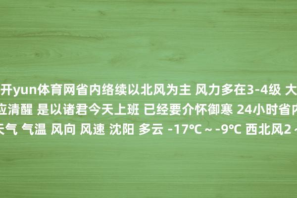 开yun体育网省内络续以北风为主 风力多在3-4级 大连、丹东、阜新5级 风寒效应清醒 是以诸君今天上班 已经要介怀御寒 24小时省内城市天气预告 城市 天气 气温 风向 风速 沈阳 多云 -17℃～
